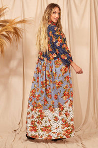 Yacamim D6 Long Patchwork Dress with Puffy Long Sleeves