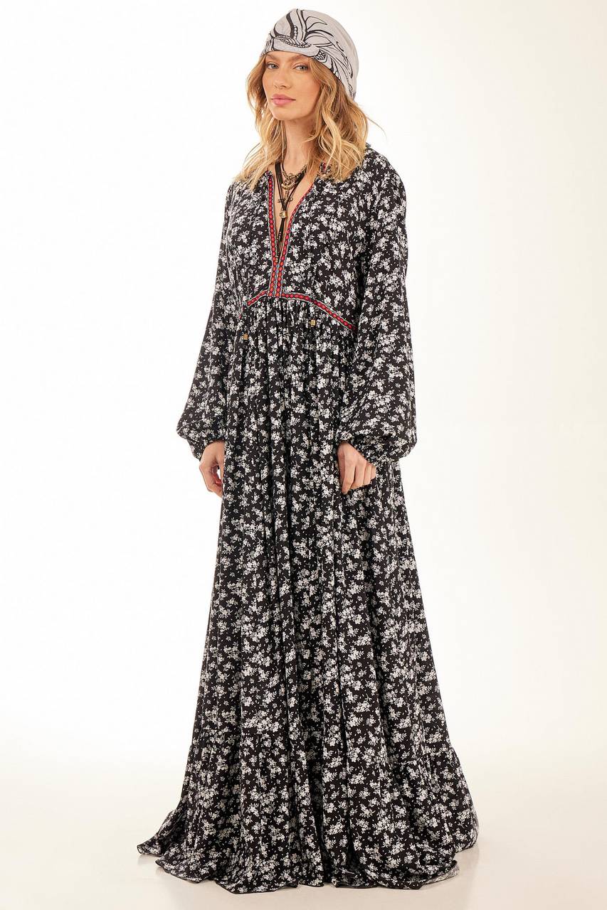Yacamim Black Printed Long Dress with Puffy Sleeves and Destiny Ribbon Detail