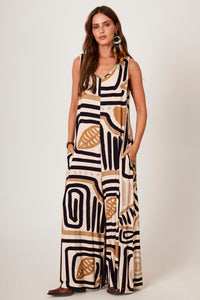 Yacamim O10 Beige Printed Pantaloon Jersey Sleeveless Jumpsuit