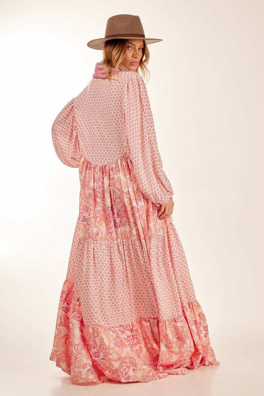 Pink Light Patchwork V-Neck Long Chemise Dress Yacamim