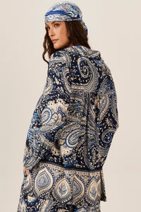 Camisa Ampla Godê Azul Estampa paisley Yacamim A21