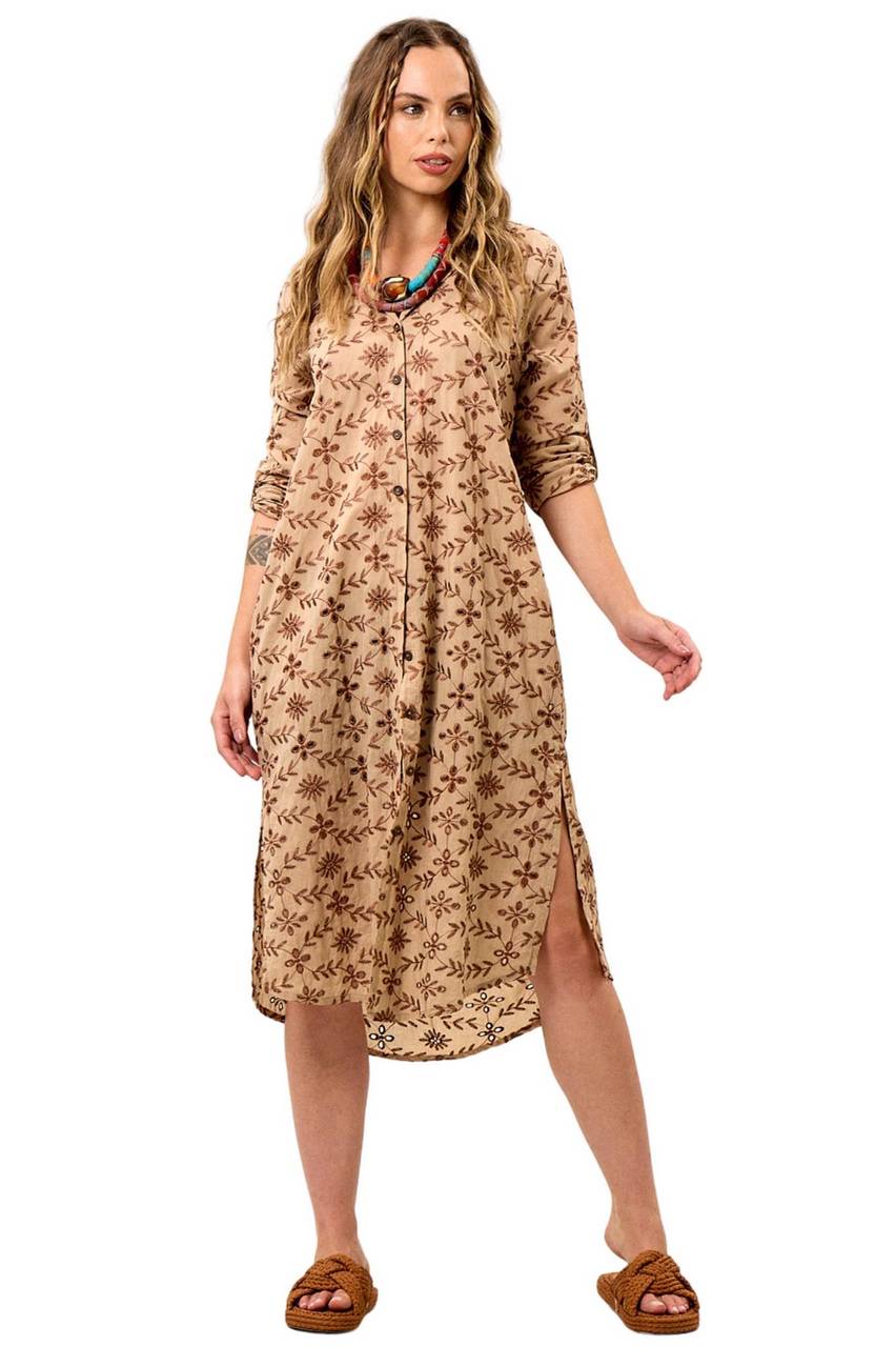 Light Brown Yacamim M6 Embroidered Midi Shirtdress