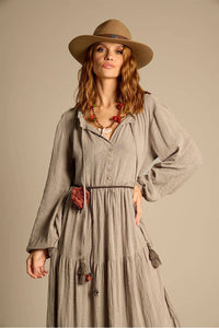 Yacamim Long Linen 3 Tier Dress in Green E20
