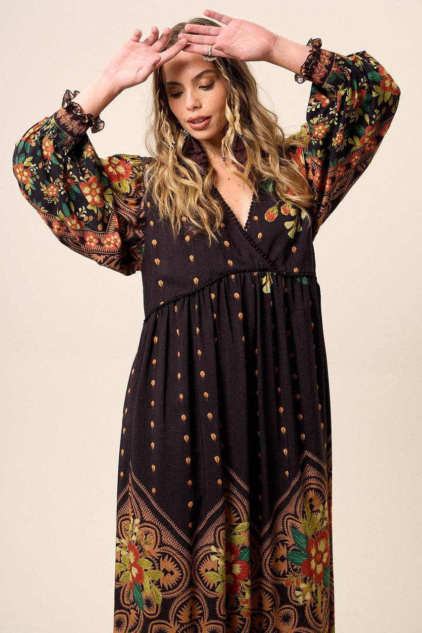 Yacamim Printed Black Flowy Long Dress with Puffy Long Sleeves