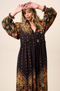 Yacamim Printed Black Flowy Long Dress with Puffy Long Sleeves