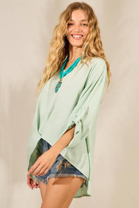 Yacamim Mint Green V-Neck Basic T-Shirt