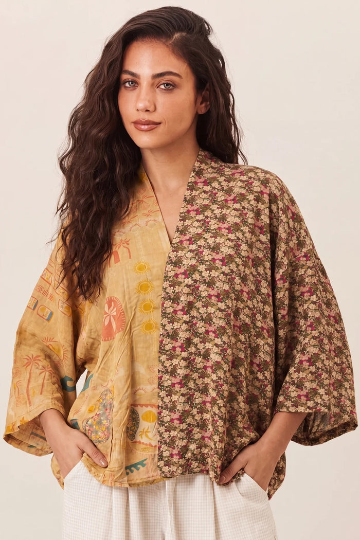 Kimono Curto Marrom Patchwork Yacamim J6