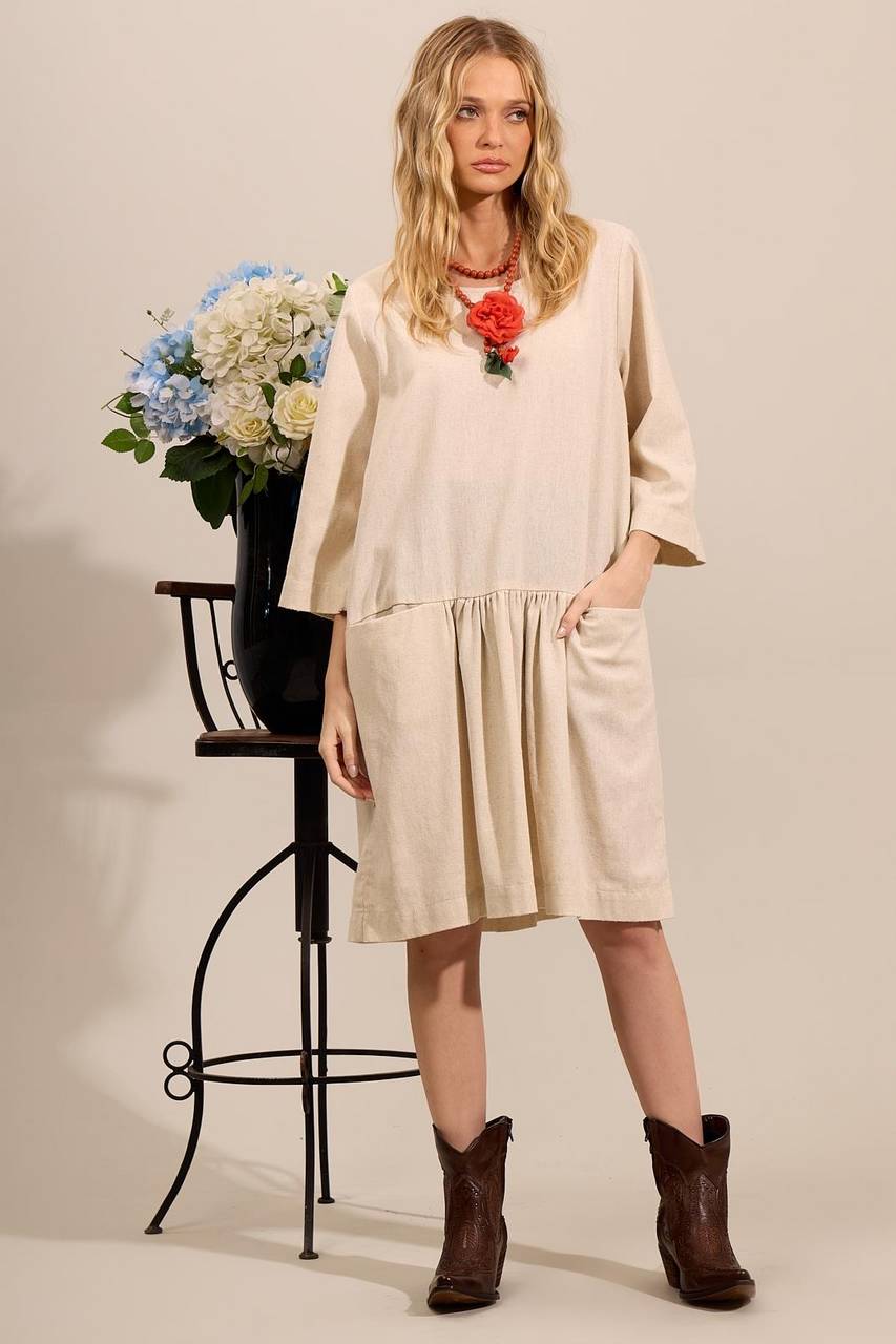 Yacamim Beige Linen Short Dress With Pockets