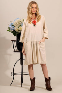 Yacamim Beige Linen Short Dress With Pockets
