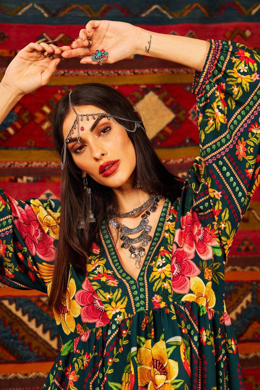 Yacamim Dark Green V-Neck Printed Short Dress