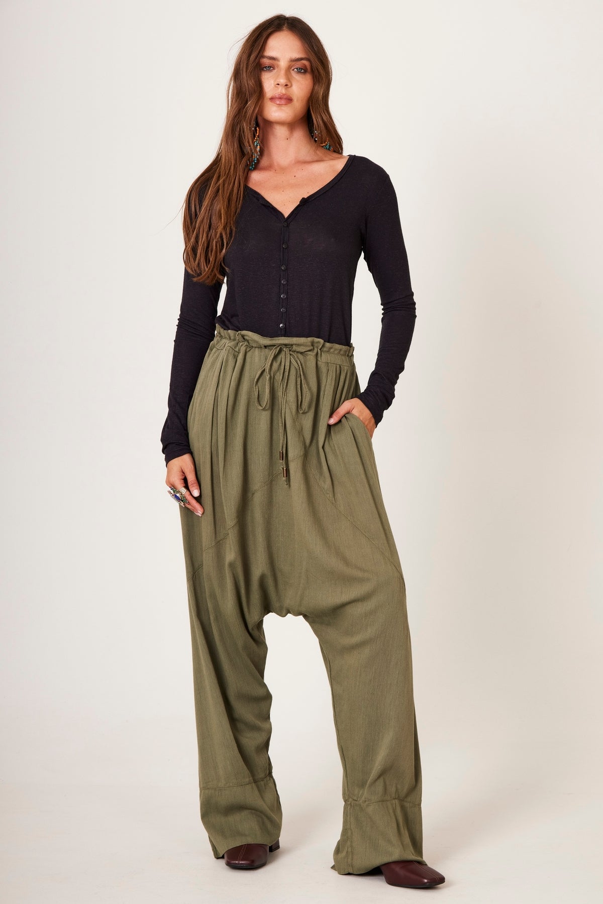 Yacamim Moss Green Plain G1 Harem Pants with Pockets