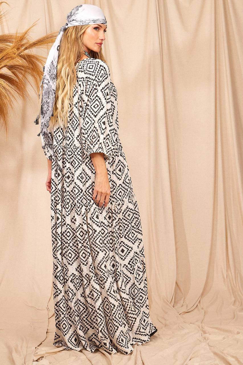 Yacamim Printed White Long Dress with Long Sleeves