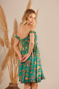 Yacamim Green Printed Off-the-Shoulder Mini Dress