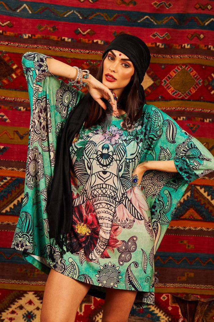 Loose Tunic With 3/8 Sleeves Green Elephant Print Yacamim
