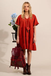 Yacamim Red Linen Short Dress with Short Sleeves and Ruffles
