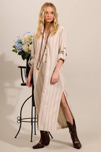 Yacamim Striped Beige Linen Long Chemise with Slits M7