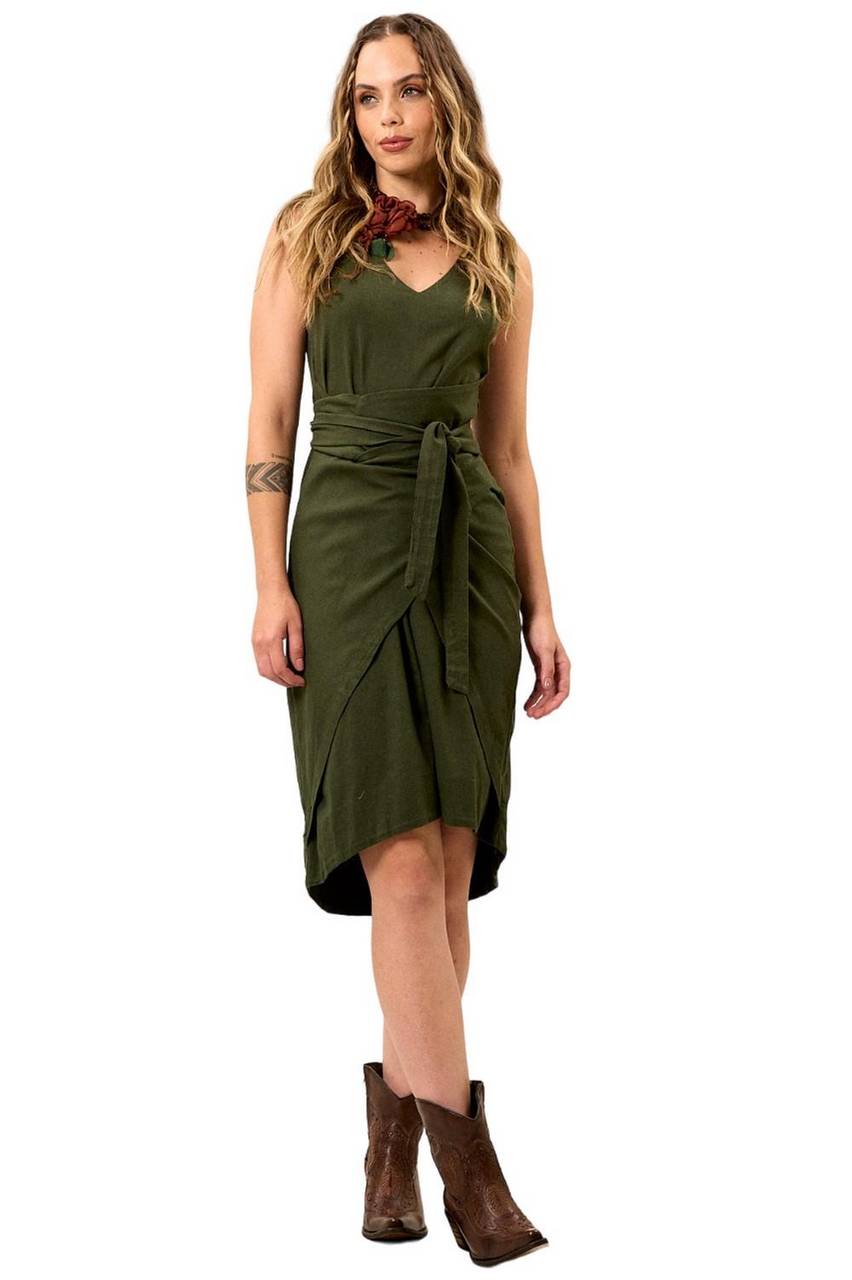 Yacamim Dark Green Sleeveless Dress with Side Flaps C15