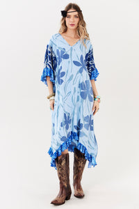Light Blue V-Neck Midi Kaftan Patchwork Yacamim J10
