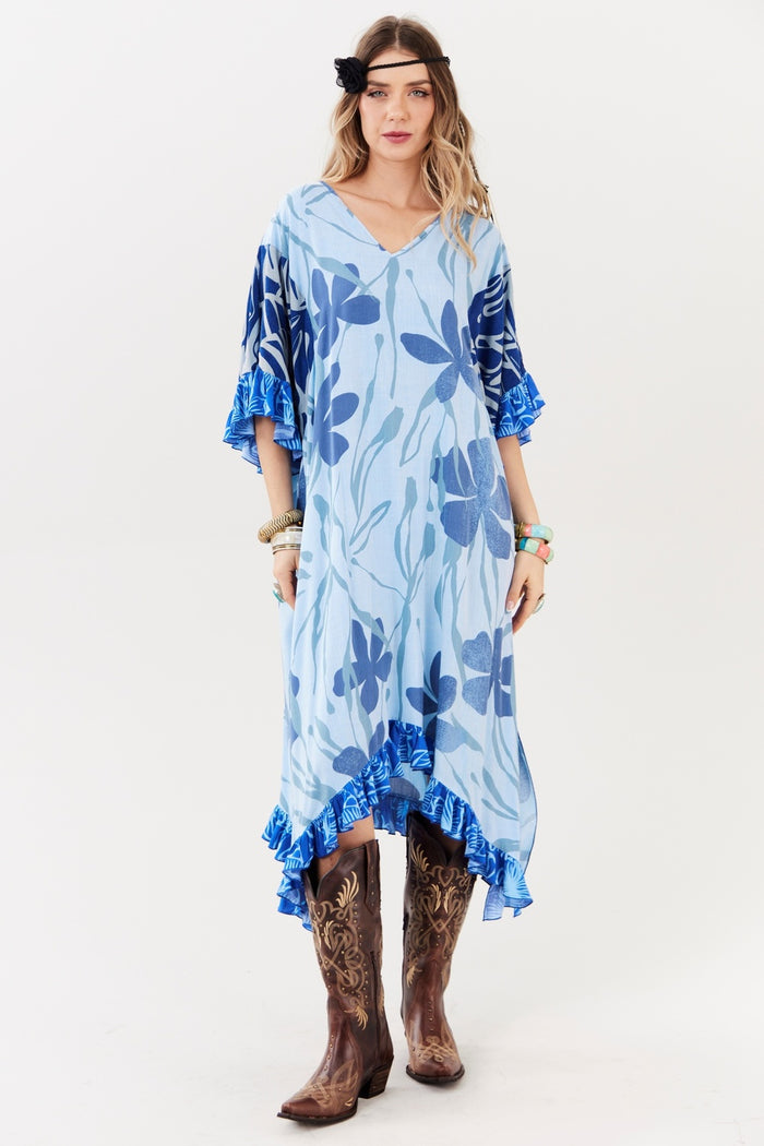 Light Blue V-Neck Midi Kaftan Patchwork Yacamim J10