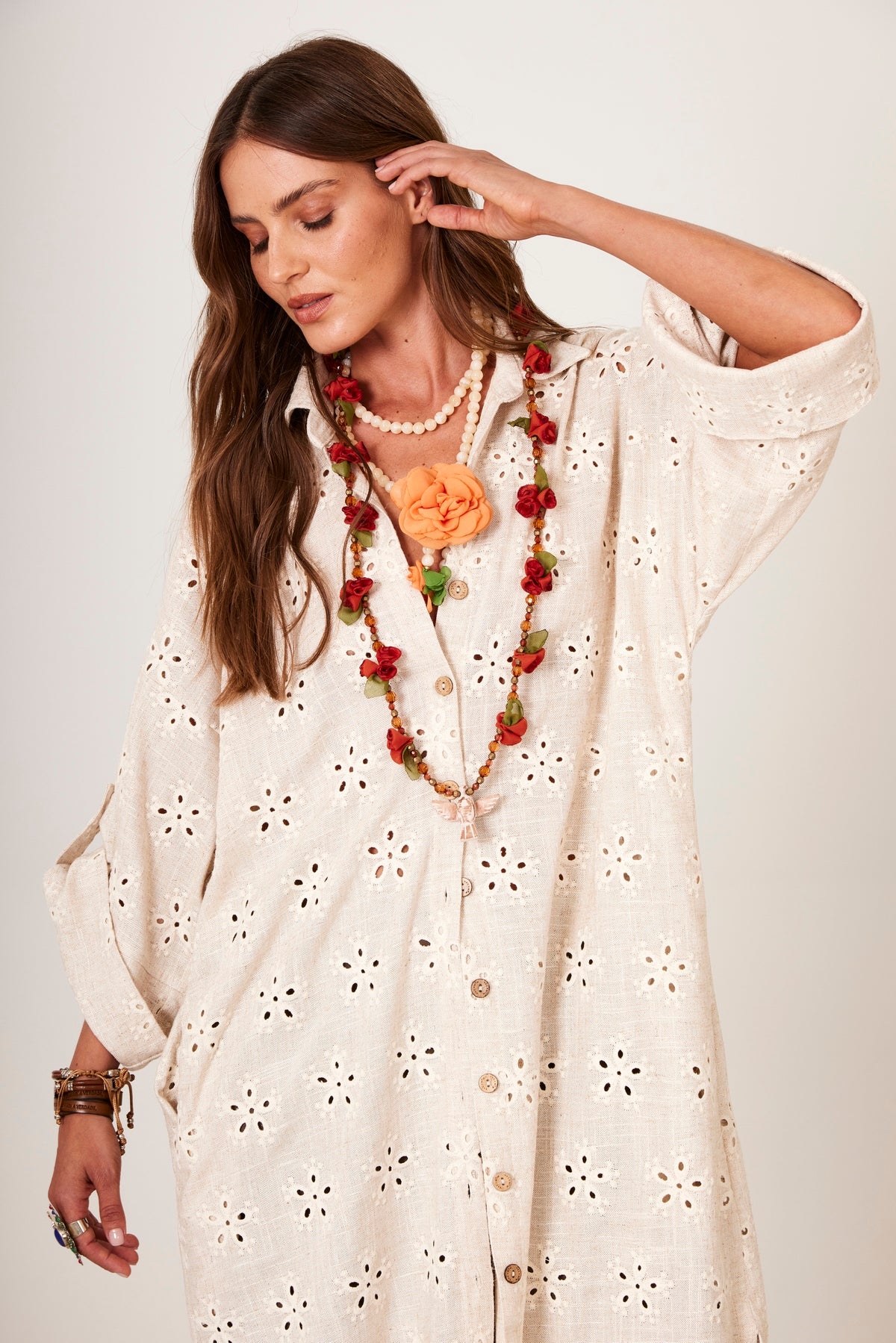 Long Linen Shirt With Beige Embroidery Yacamim M2