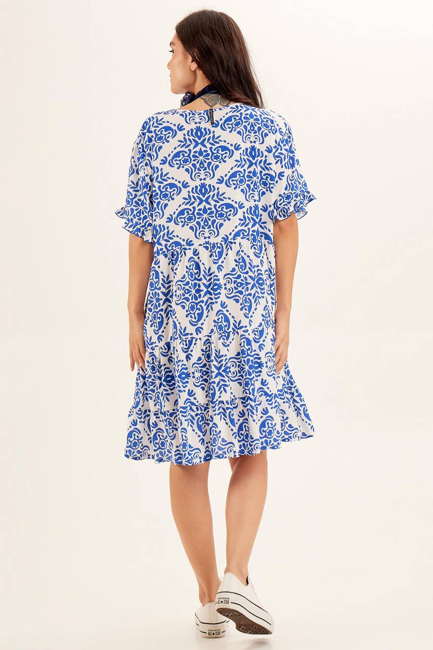 Yacamim Printed Blue V-Neck Short Dress