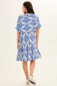 Yacamim Printed Blue V-Neck Short Dress