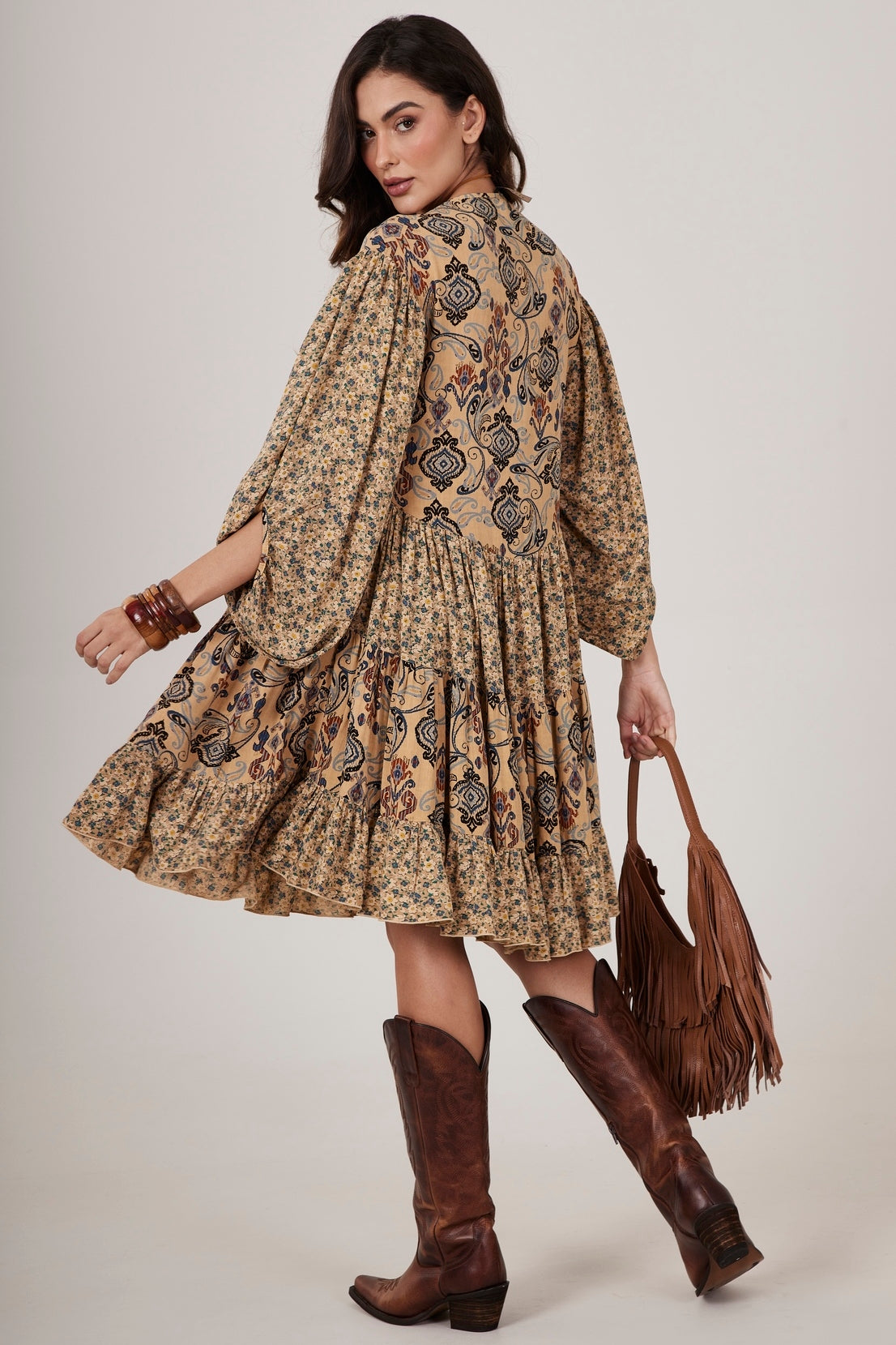 Light Brown Short Patchwork Dress Yacamim E26