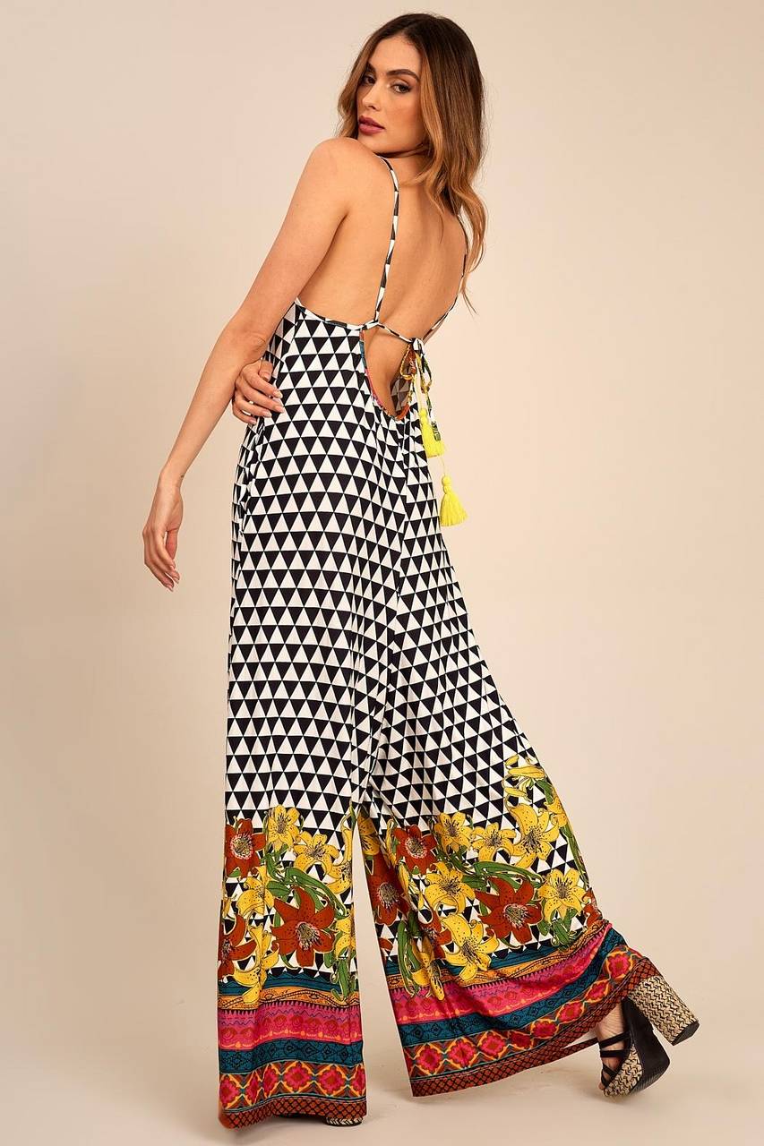 Yacamim Geometric Print Black and White Wide-Leg Jumpsuit with Pockets