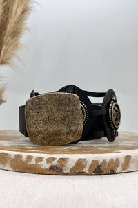 Black Leather Belt with Aged Gold Buckle and Details Yacamim #221