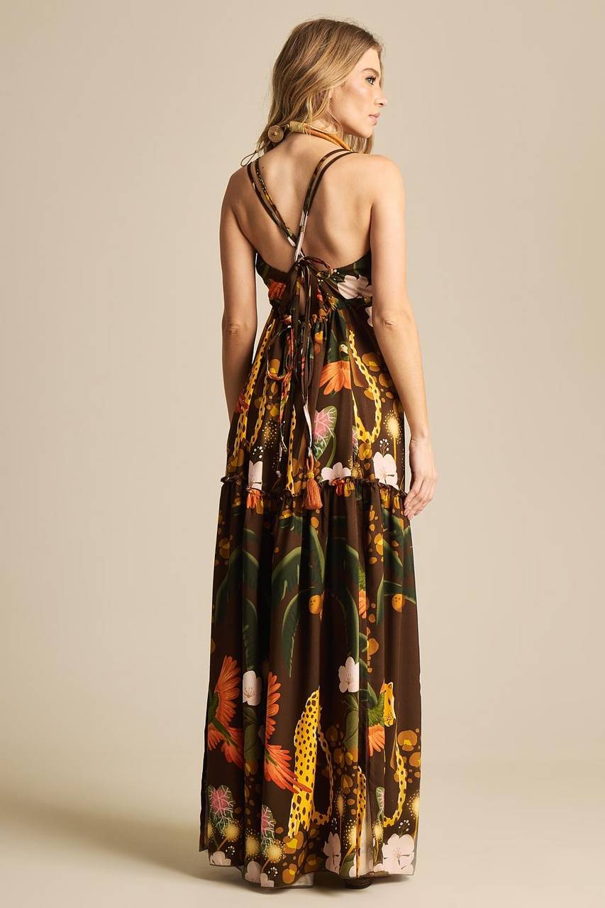 Yacamim E21 Brown Printed Long Dress with Straps