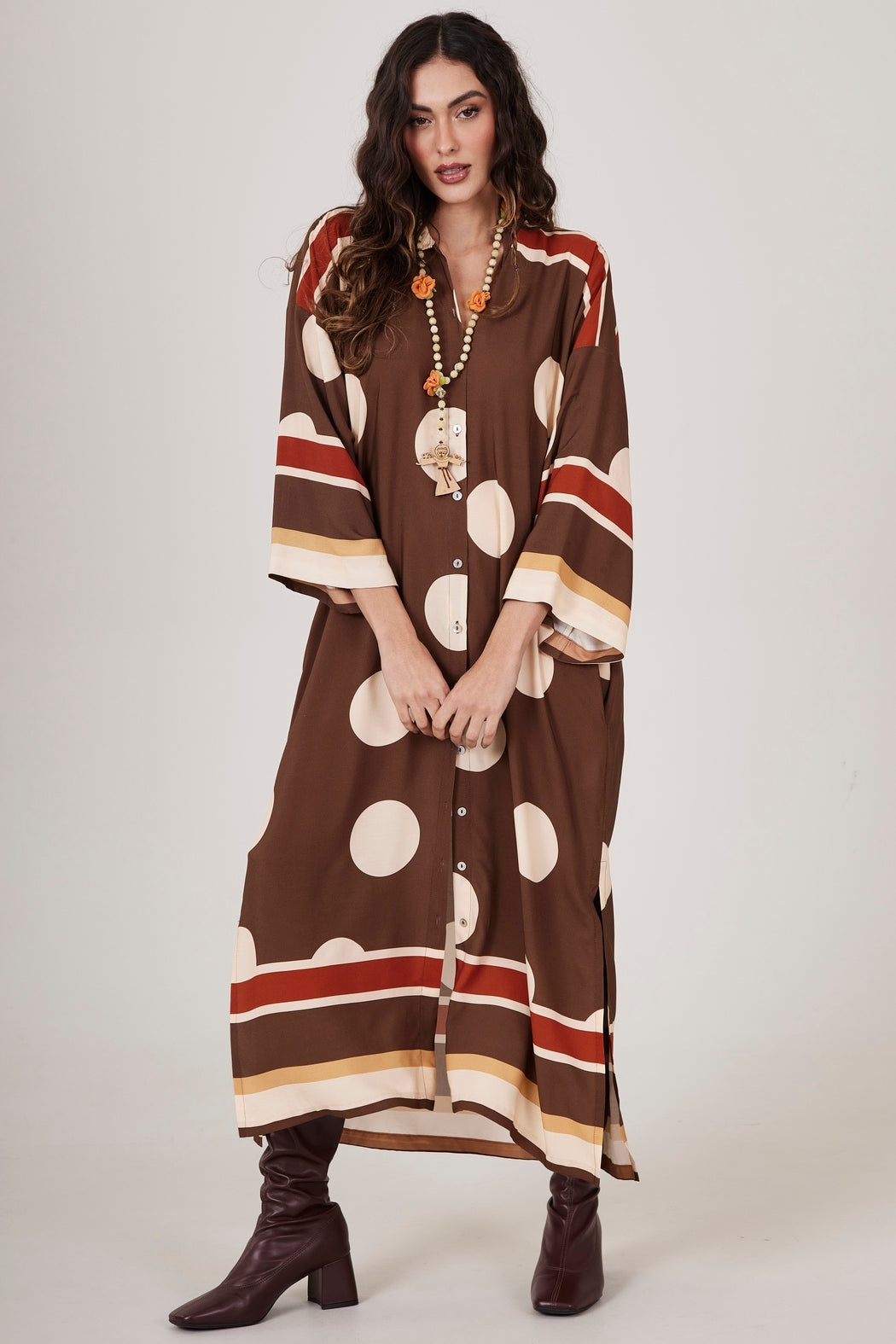 Yacamim N3 Brown Polka Dot Midi Loose Chemise