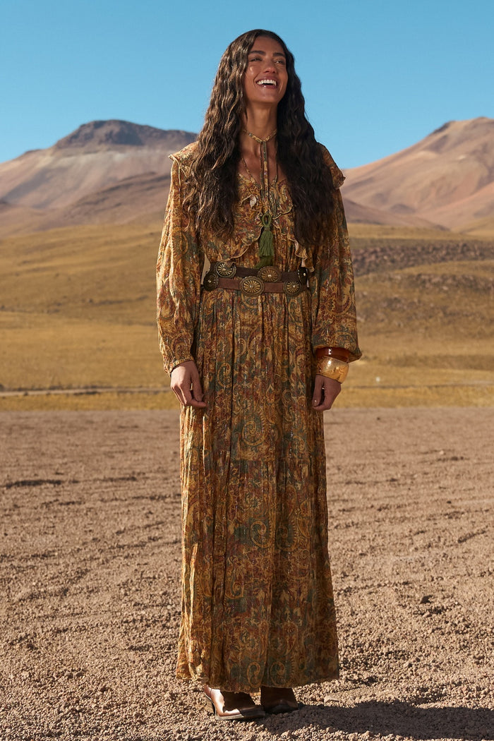 Dark Beige Paisley Lurex Long Dress Yacamim C7