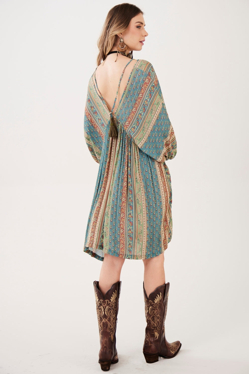 Yacamim Women's Short V-Neck Striped Green Printed Dress C7