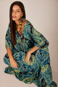 Long Dress with Puffed Sleeves Green Printed Yacamim C11