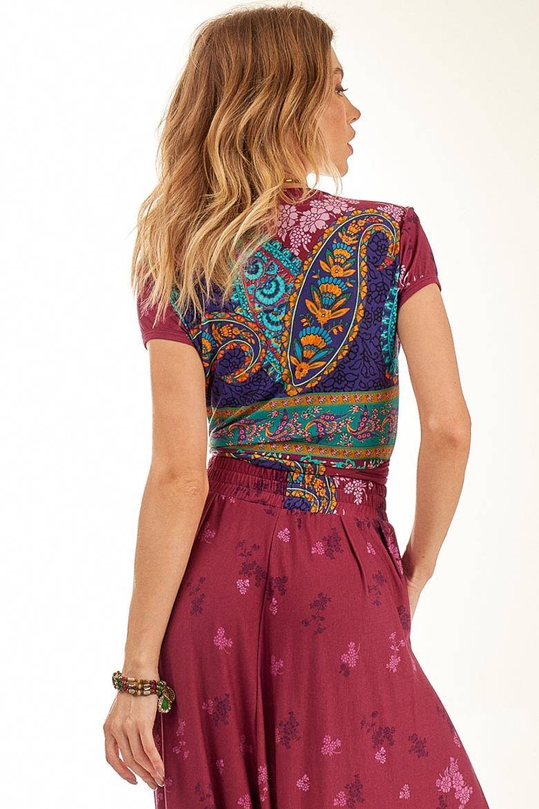 Purple Cashmere Print Wrap Cropped Top with Short Sleeves Yacamim