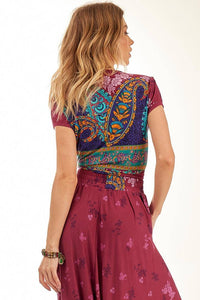 Purple Cashmere Print Wrap Cropped Top with Short Sleeves Yacamim