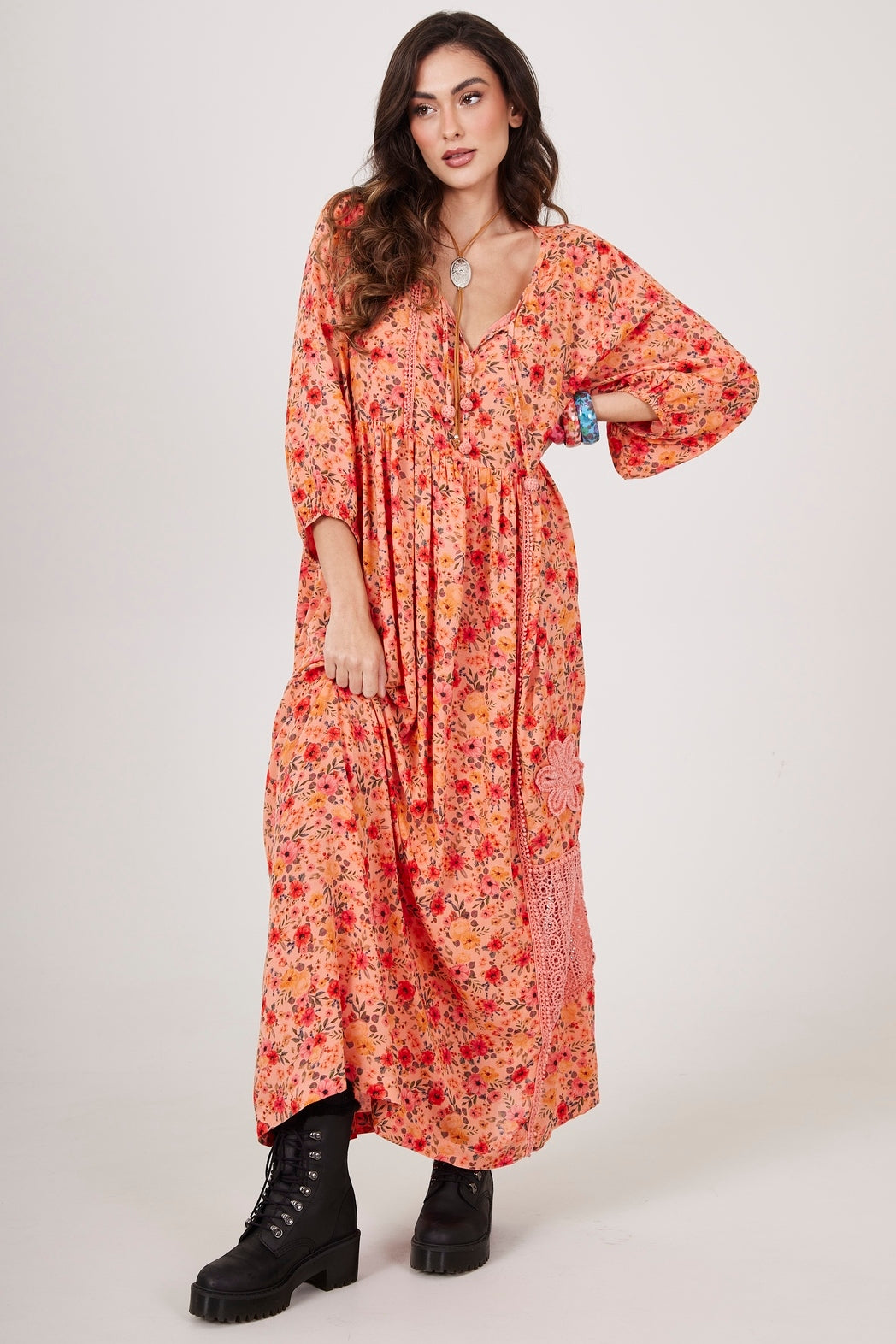Yacamim Rosé Printed Long Dress with Lace and Crochet E2