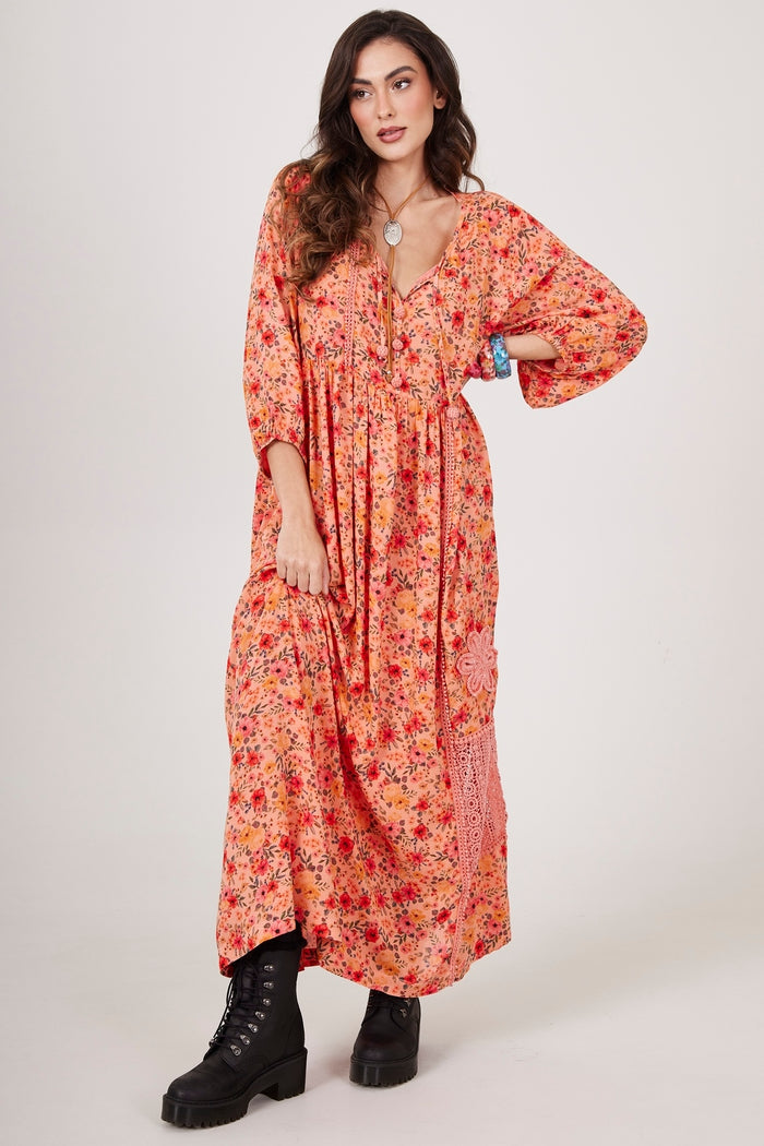 Yacamim Rosé Printed Long Dress with Lace and Crochet E2