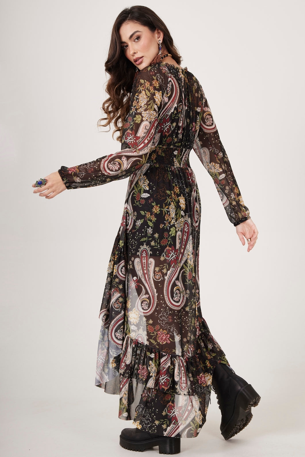 Yacamim E5 Black Tulle Mullet Dress with Paisley Print