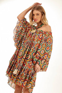 Yacamim Printed Short Gypsy Dress with Wide Sleeves