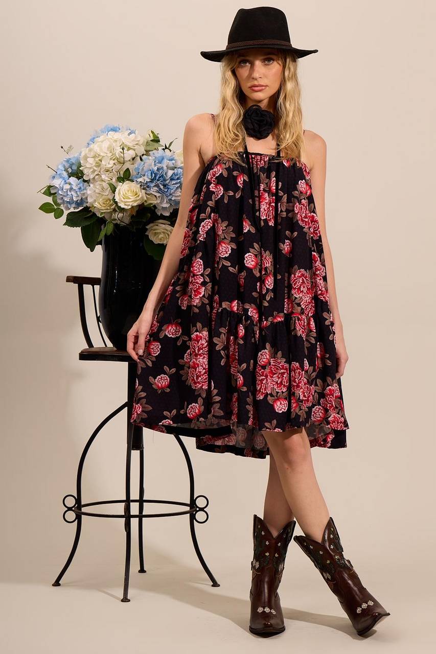Yacamim E2 Black Printed Loose Short Dress with Straps