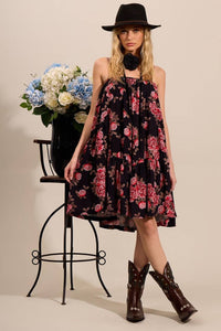 Yacamim E2 Black Printed Loose Short Dress with Straps