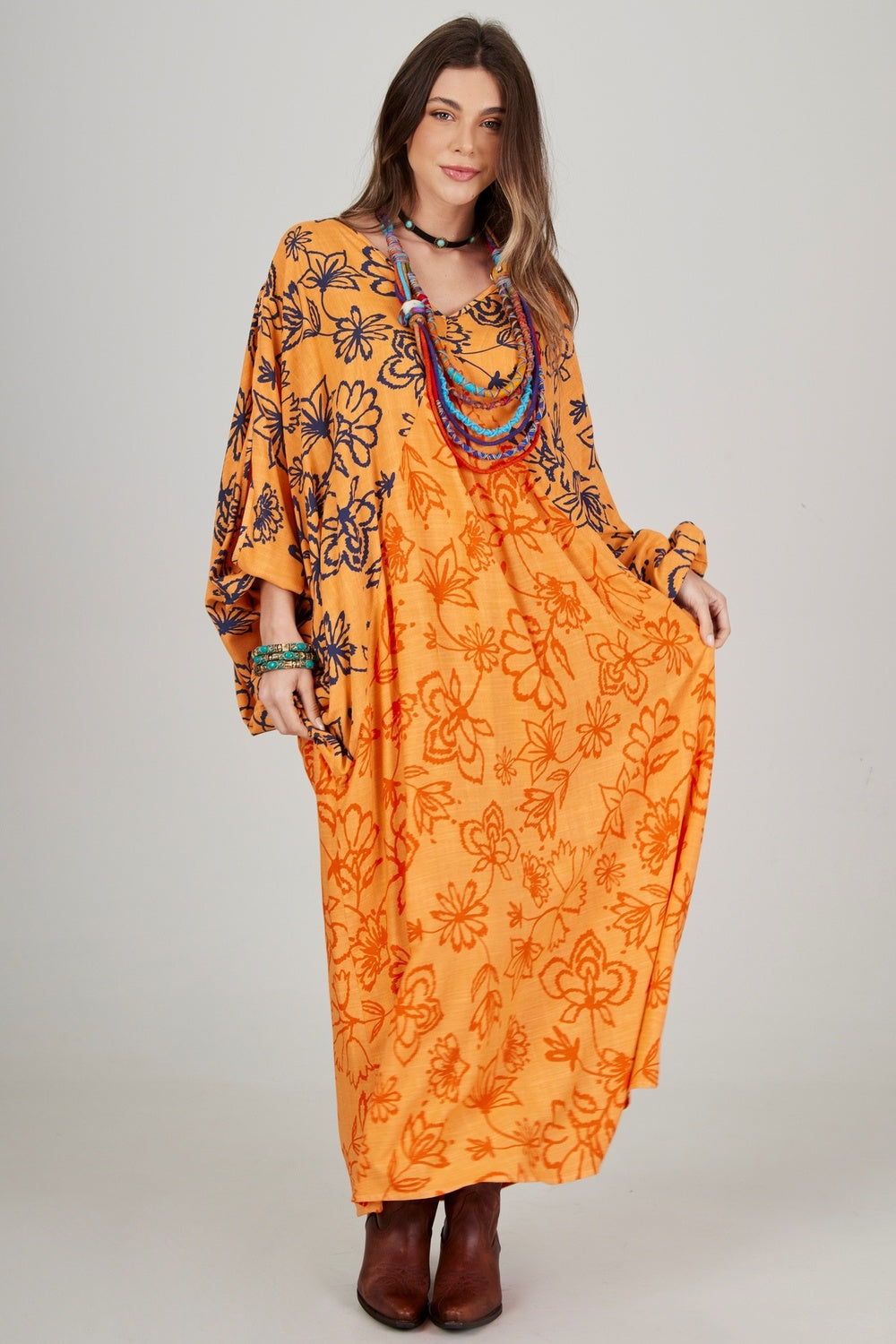 Yacamim C24 Orange Long Dress Lotus Flower Patchwork