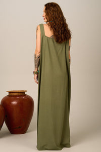 Yacamim D10 Green Long Dress with Wide Straps and Slits