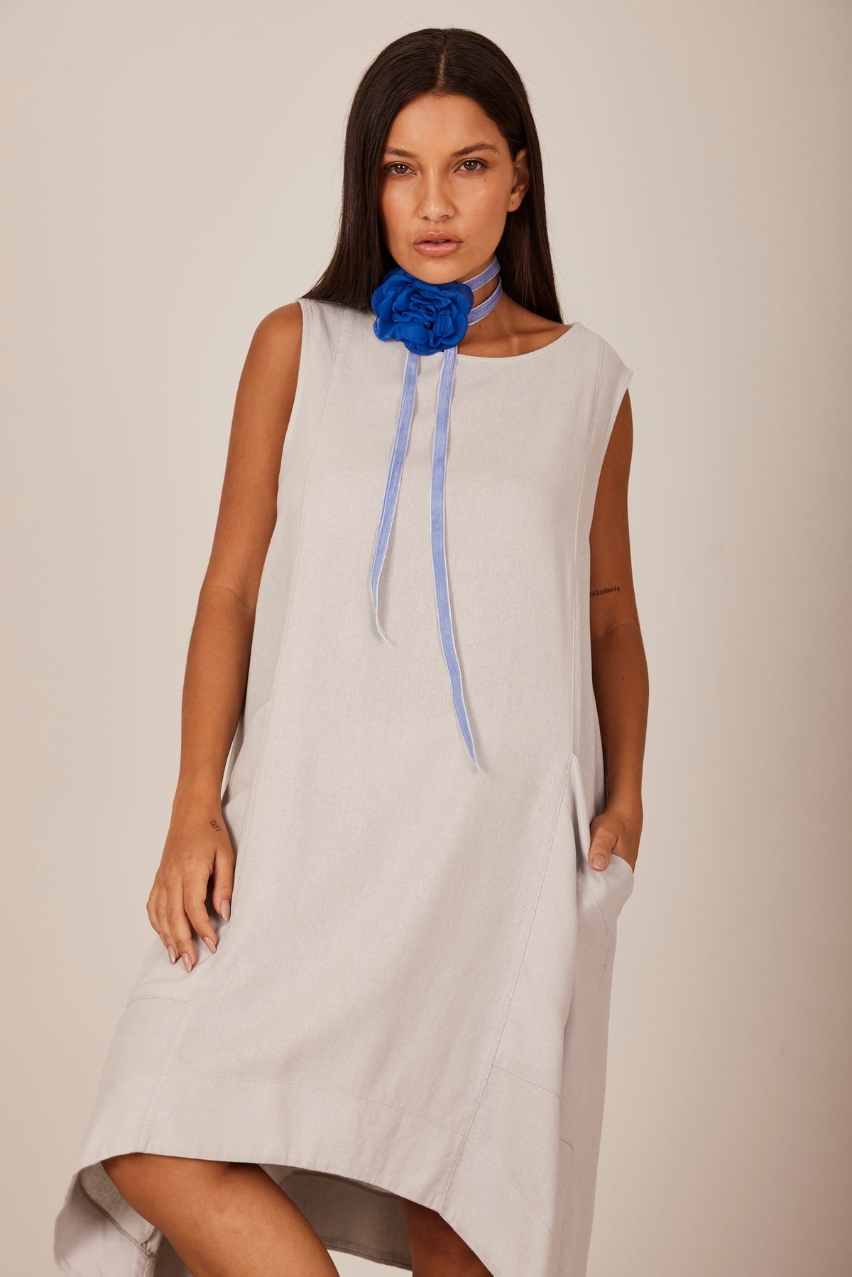 Light Gray Yacamim C28 Plain Linen Sleeveless Short Dress