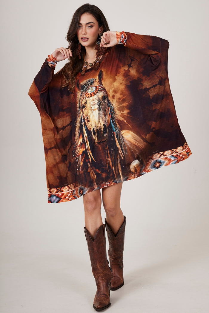 Yacamim Women's Brown Wide Horse Print Tunic with Rhinestones B22