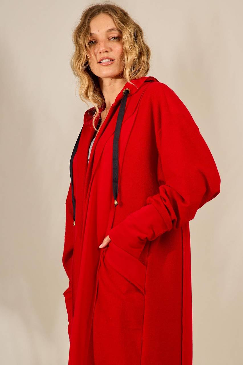 Yacamim Red Hooded Open Midi Sweatshirt
