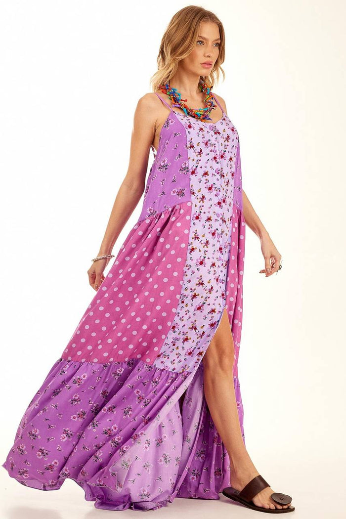 Yacamim Purple Patchwork Long Dress with Adjustable Straps