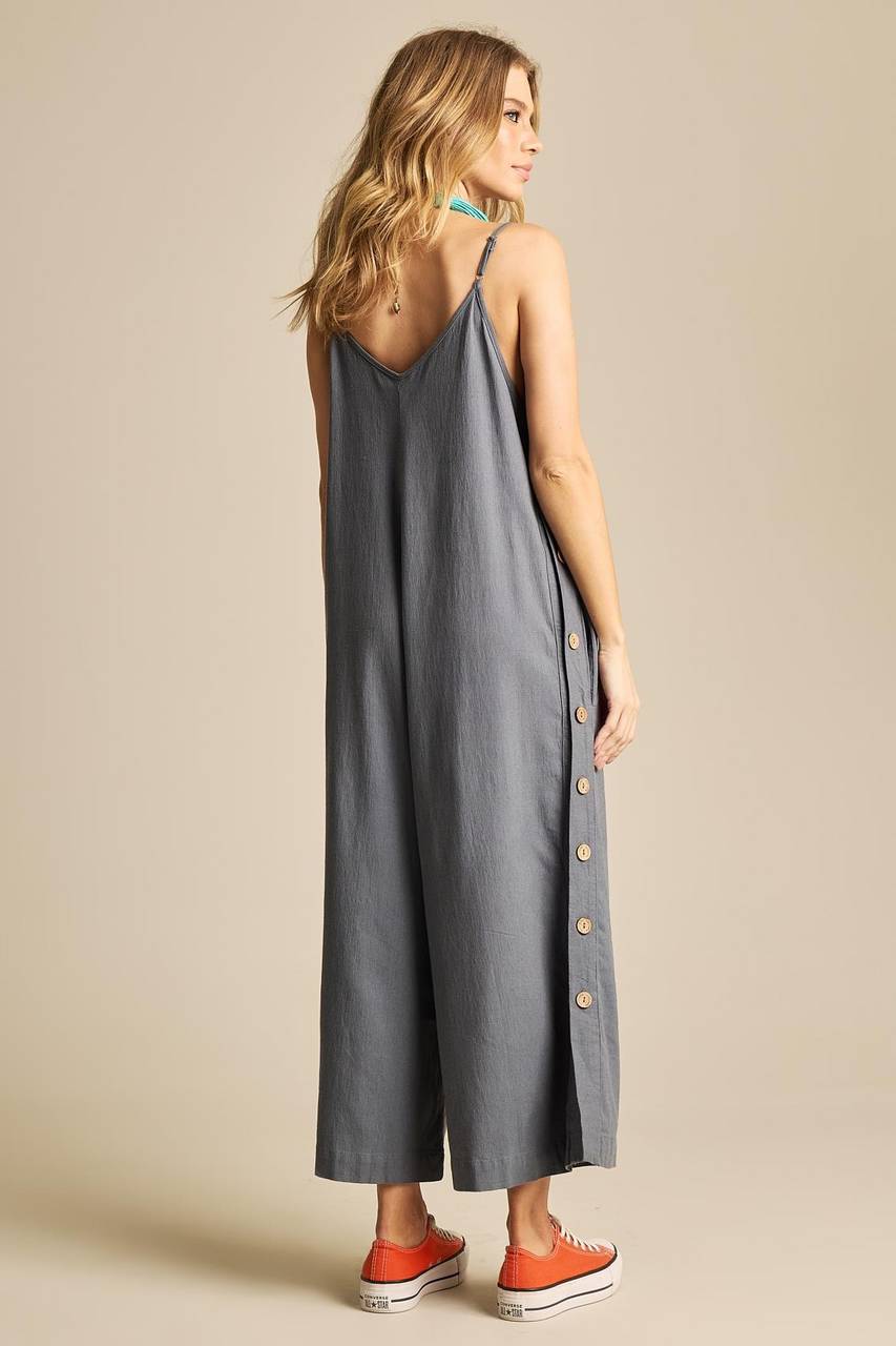 Yacamim Women's Grey Pantacourt Jumpsuit with Adjustable Straps and Side Buttons O2