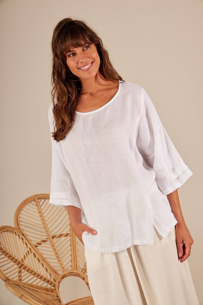 Yacamim White Chambray 100% Linen Loose Blouse